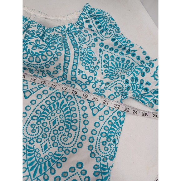 Chicos 2 Top Teal Blue Eyelet Cold Shoulder Short Zig Zag Sleeve Blouse M - Picture 7 of 11